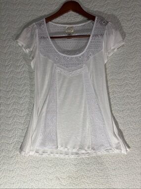 White Crochet-Inset Scoop Neck Blouse